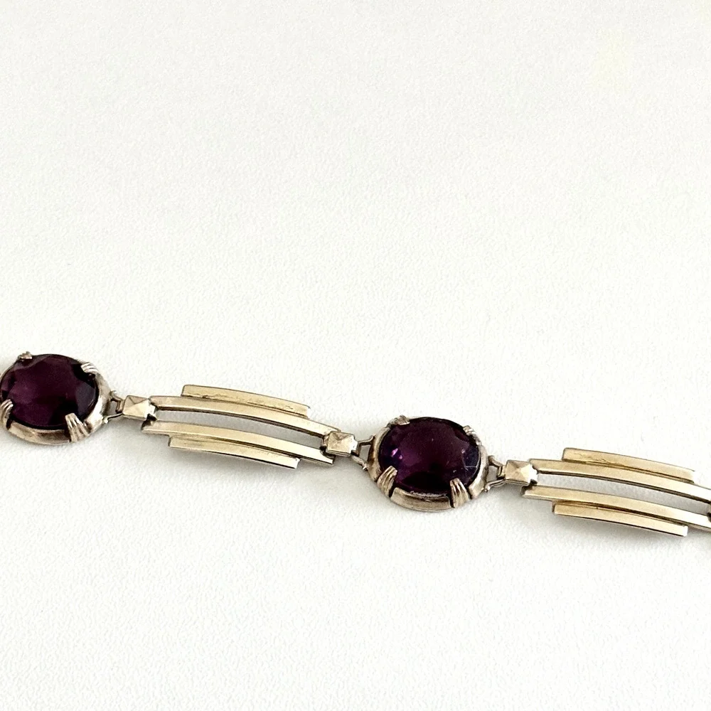 Symmetalic 925 Sterling Silver & 14K Gold Two Tone Purple Faceted Glass Bracelet